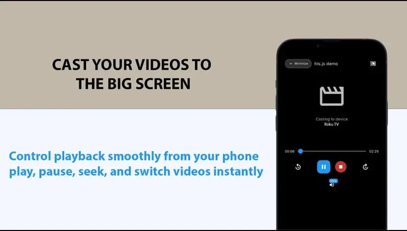 CastBrowser playback controls showing video casting to Roku TV device