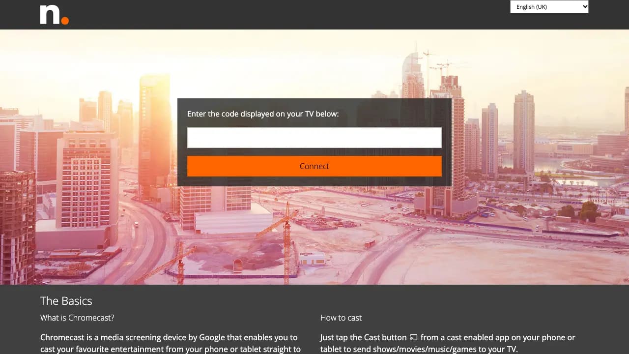 cast2.tv page with a box reading 'Enter the code displayed on your TV below' and a Connect button