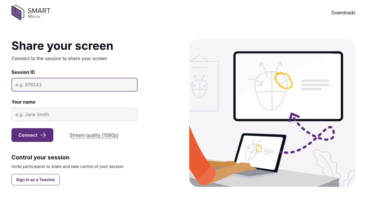 smartmirror.link page titled 'Share your screen' with Session ID and Your name fields and a 'Sign in as a Teacher' button