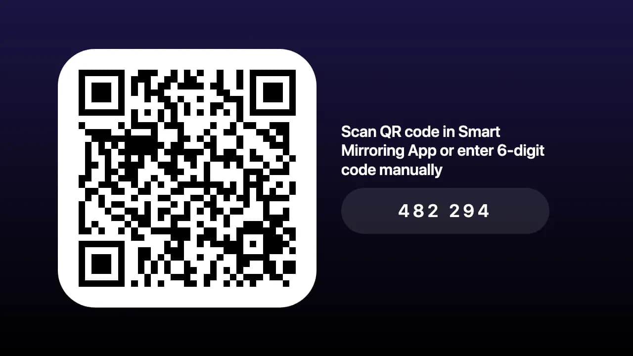 smmr.tv on a TV: a large QR code next to the text 'Scan QR code in Smart Mirroring App or enter 6-digit code manually' and a six-digit code