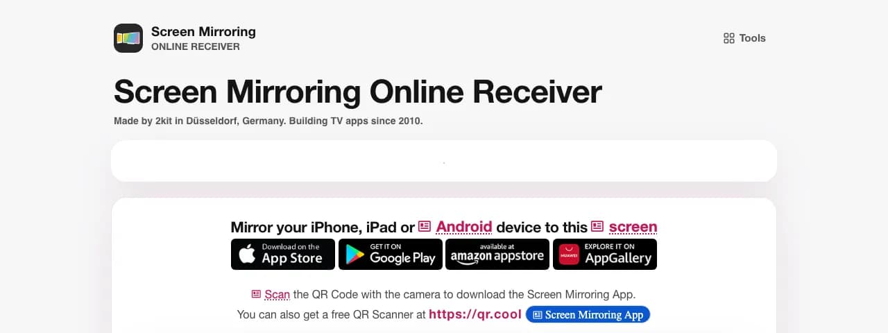 tvee.app opens the Screen Mirroring Online Receiver page by 2kit, with App Store, Google Play, Amazon and AppGallery download buttons