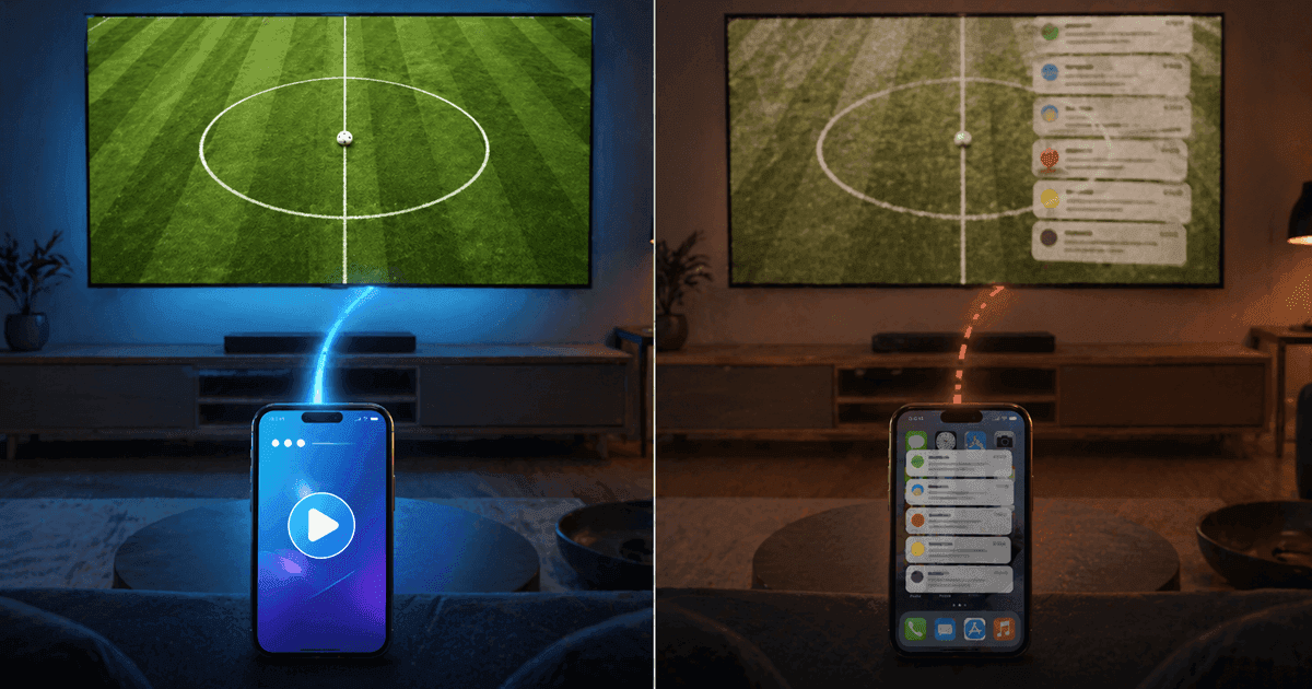 Side-by-side comparison: casting sends a clean video stream to the TV, while screen mirroring duplicates the phone screen with notifications and lower quality