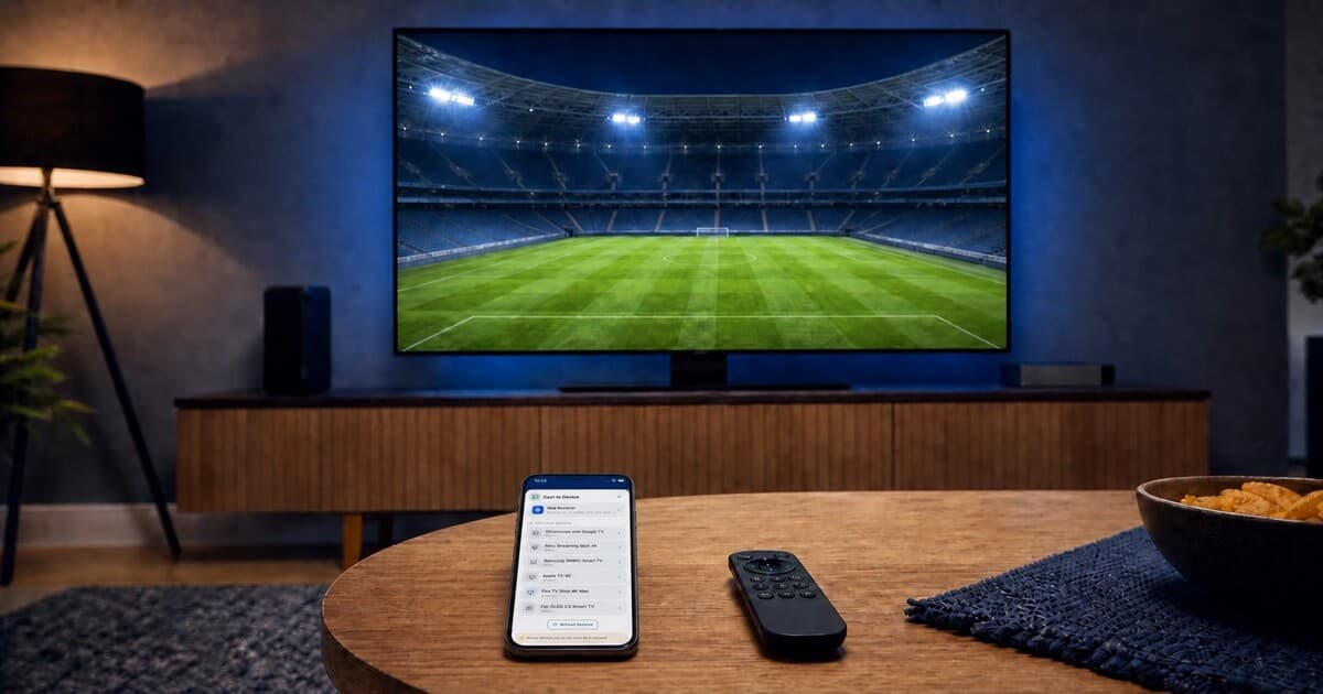 CastBrowser device picker open on a phone beside a television showing an empty football stadium