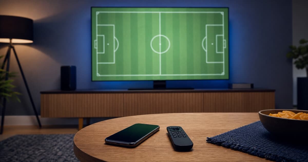 Phone and remote ready beside a television showing a generic football pitch