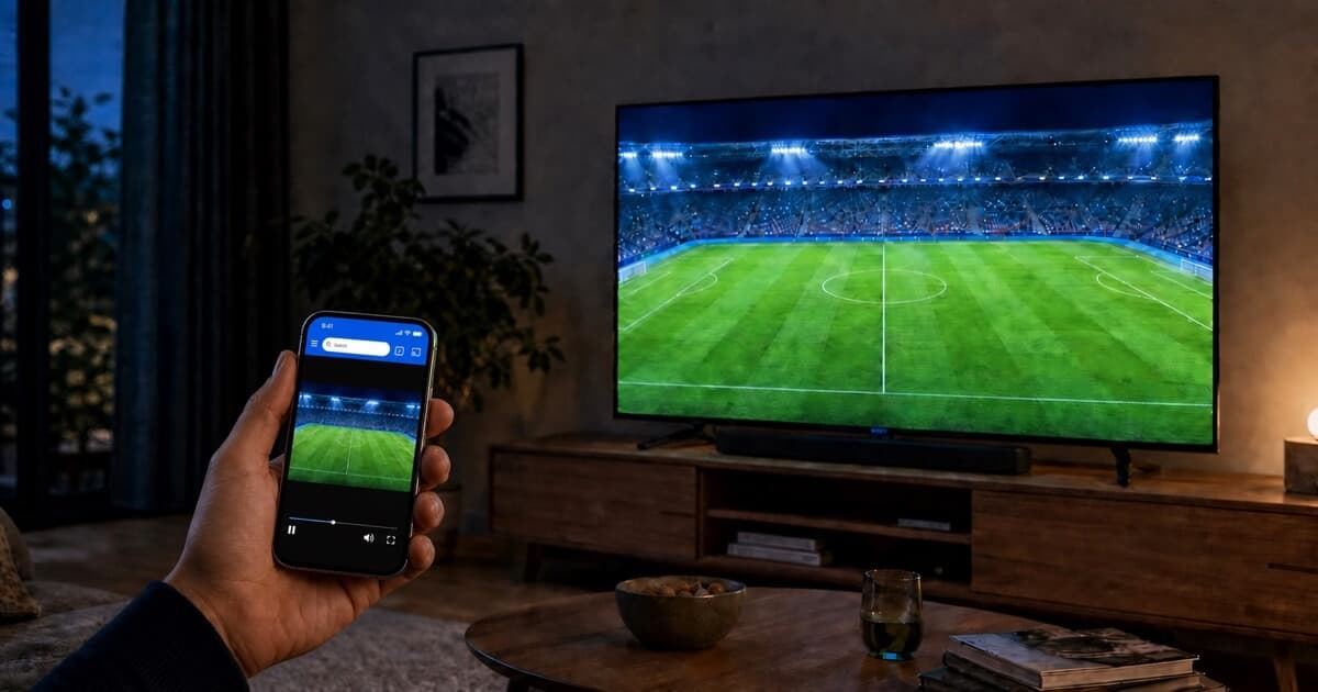 CastBrowser open on a slim phone with a neutral authorized football player beside a living-room television