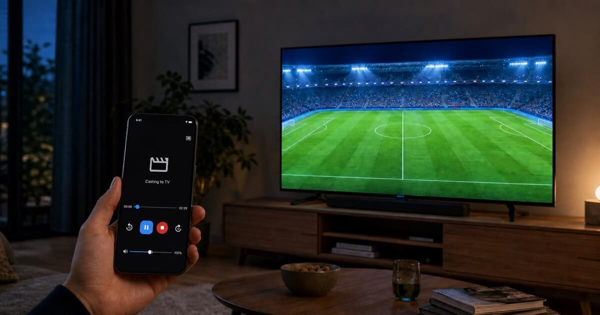 CastBrowser casting controller on a slim phone connected to a living-room television